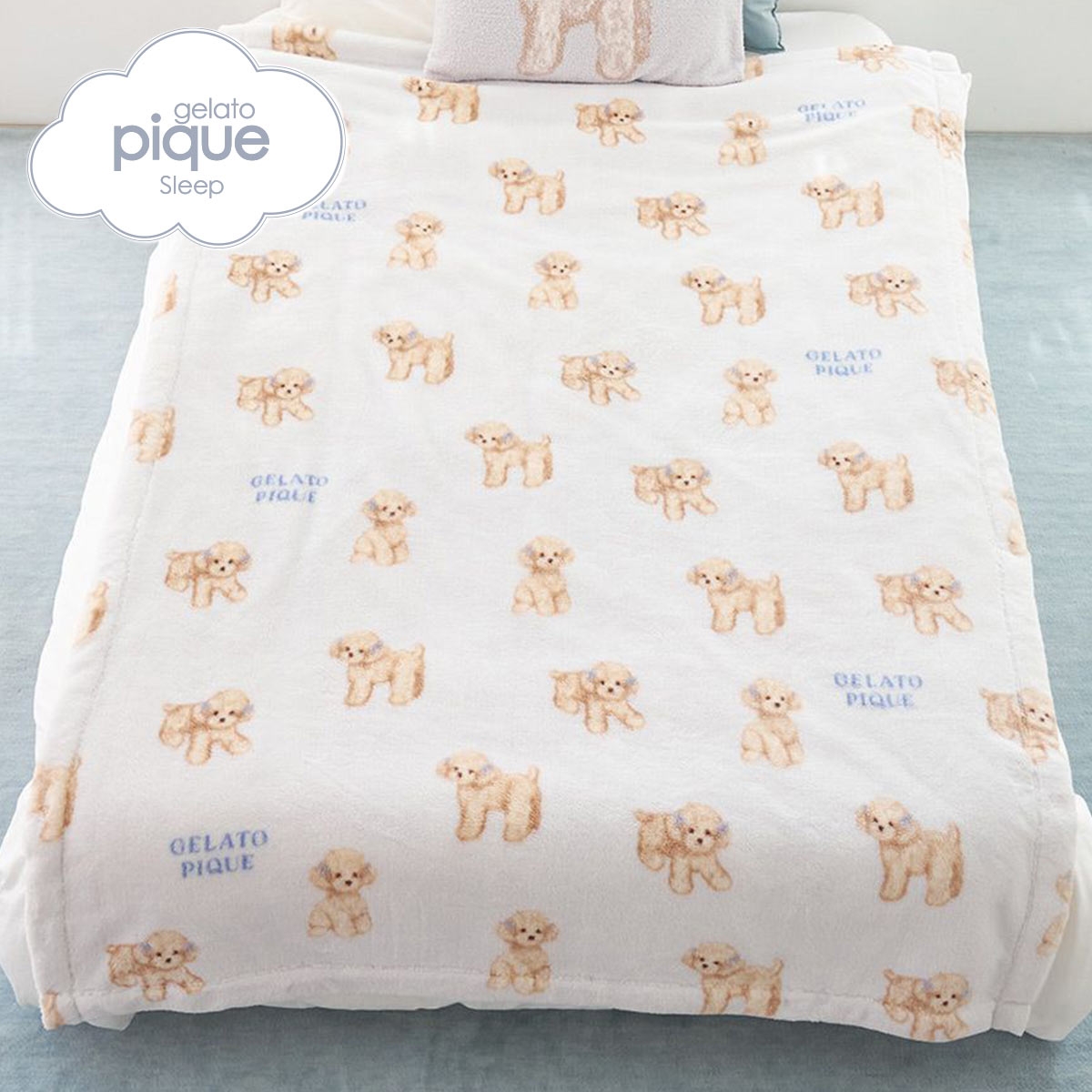 ジェラートピケ スリープ リボンDOG柄プリント毛布 ジェラピケ gelato pique Sleep(BU-ブルー-Free)