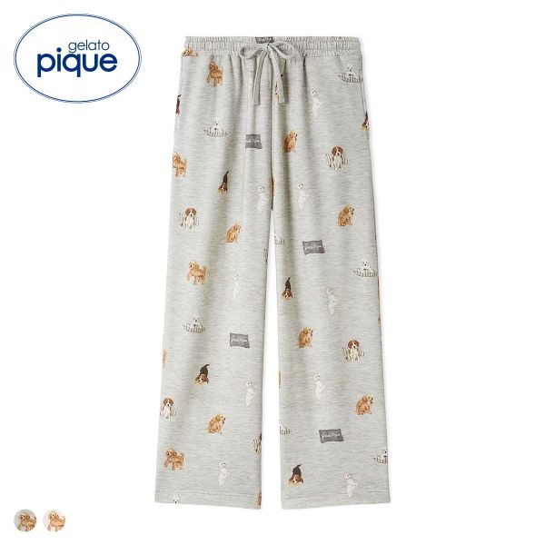 ジェラートピケ UNISEX プレイフルDOG柄ロングパンツ ジェラピケ パジャマ ルームウェア gelato pique ユニセックス(GY-グレー-S-M)