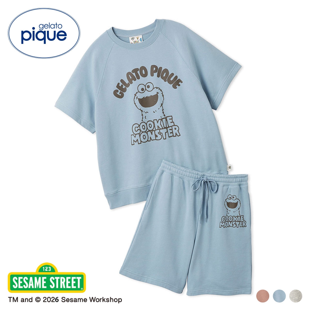 ジェラートピケ ユニセックス SESAME STREET UNISEX 裏毛プルオーバー＆ハーフパンツセット ジェラピケ ルームウェア gelato pique 上下セット(BU-ブルー-S-M)