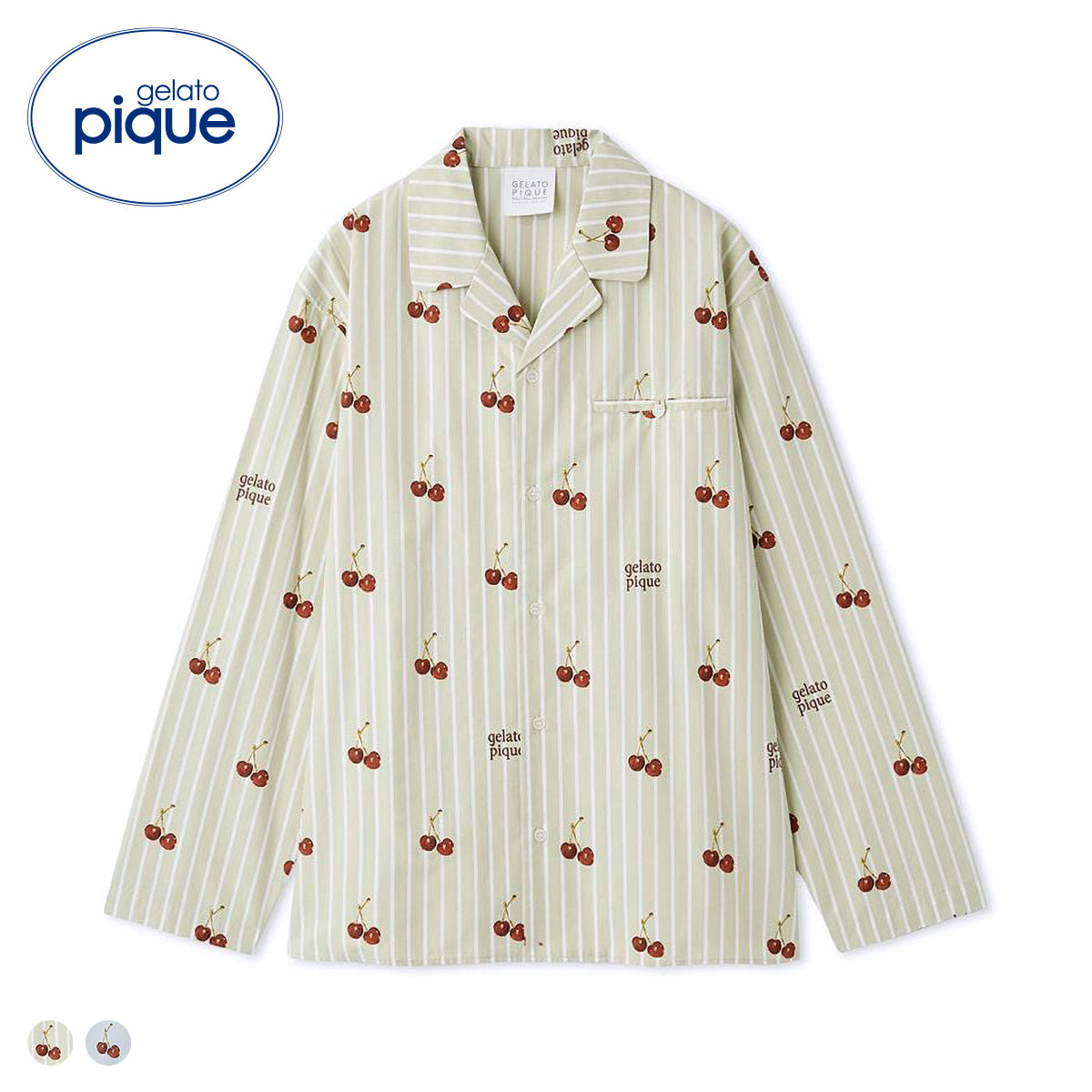 ジェラートピケ ユニセックス チェリー柄シャツ ジェラピケ ルームウェア gelato pique UNISEX(GR-グリーン-S-M)