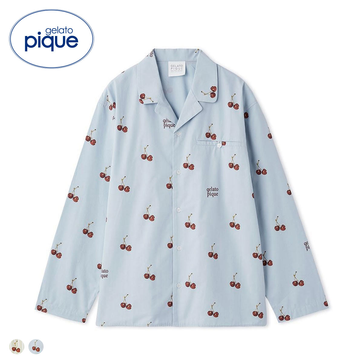 ジェラートピケ ユニセックス チェリー柄シャツ ジェラピケ ルームウェア gelato pique UNISEX(BU-ブルー-S-M)