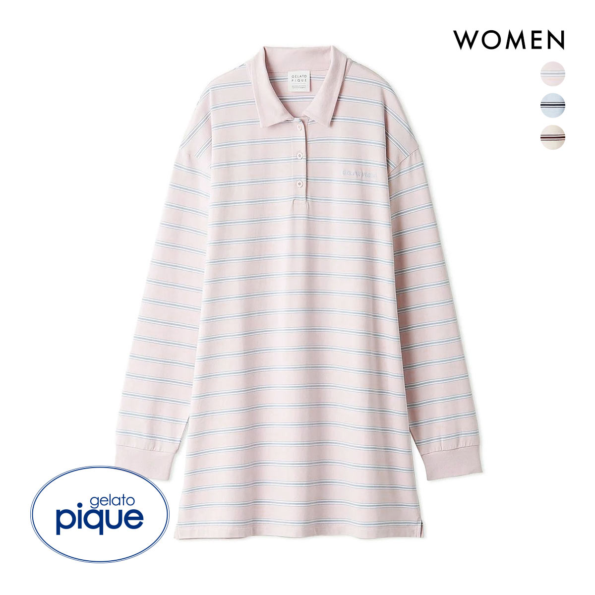 ジェラートピケ パジャマ レディース マルチボーダーポロカラーワンピース ジェラピケ ルームウェア gelato pique(PI-ピンク-Free)