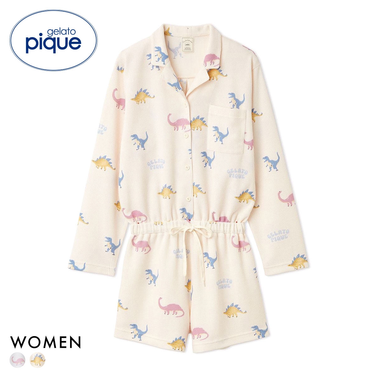 ジェラートピケ レディース ダイナソー柄ワッフルオールインワン ジェラピケ パジャマ ルームウェア gelato pique(CR-クリーム-Free)