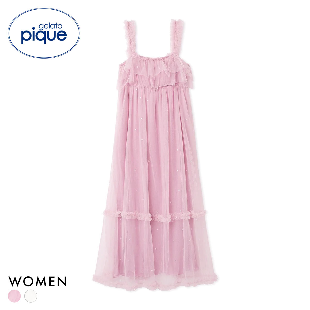 ジェラートピケ レディース ハート柄チュールカップインワンピース  パッド付き ワンピ ジェラピケ パジャマ ルームウェア gelato pique(PI-ピンク-Free)