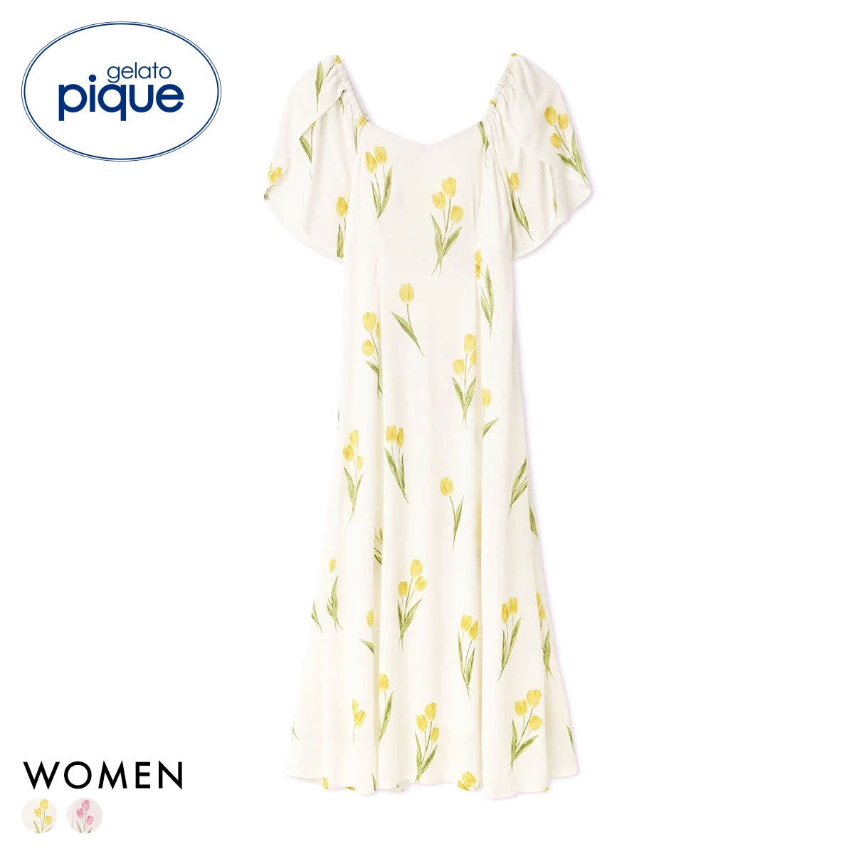 ジェラートピケ レディース チューリップ柄カップインワンピース カップ付き パッド付き ジェラピケ パジャマ ルームウェア gelato pique(YE-イエロー-Free)