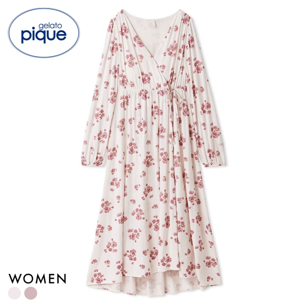 ジェラートピケ レディース さくら柄カップインカシュクールワンピース カップ付き ジェラピケ パジャマ ルームウェア gelato pique(LPI-薄ピンク-Free)
