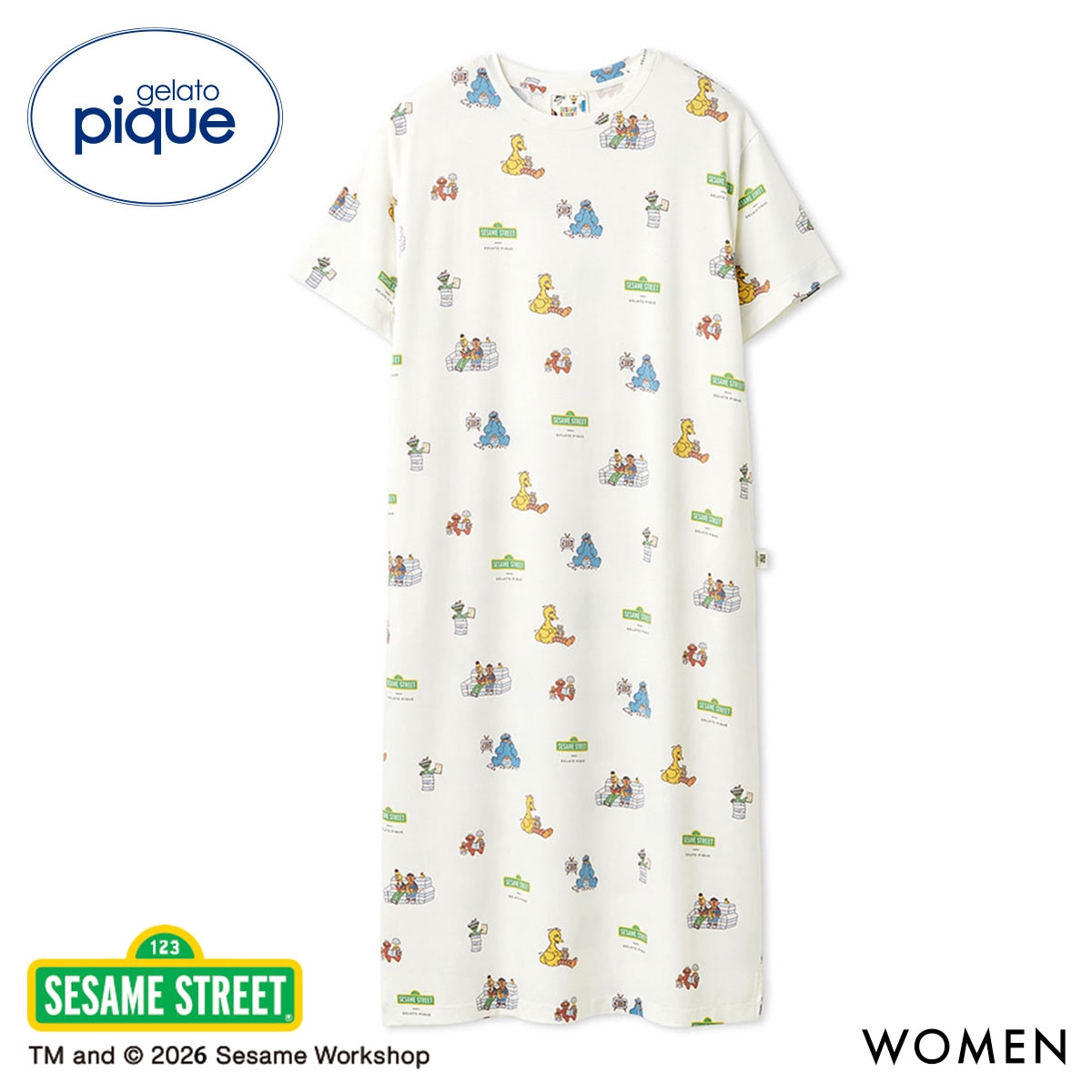 ジェラートピケ レディース SESAME STREET 総柄ワンピース ジェラピケ セサミストリート ルームウェア gelato pique(OW-オフホワイト-Free)