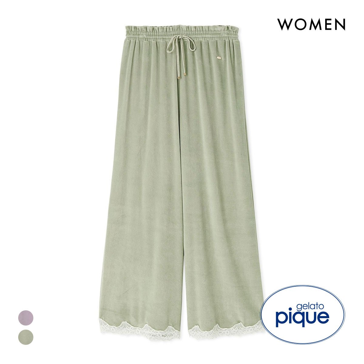 ジェラートピケ レディース MUCHA ベロア×レースロングパンツ ジェラピケ ミュシャ パジャマ ルームウェア gelato pique(GR-グリーン-Free)