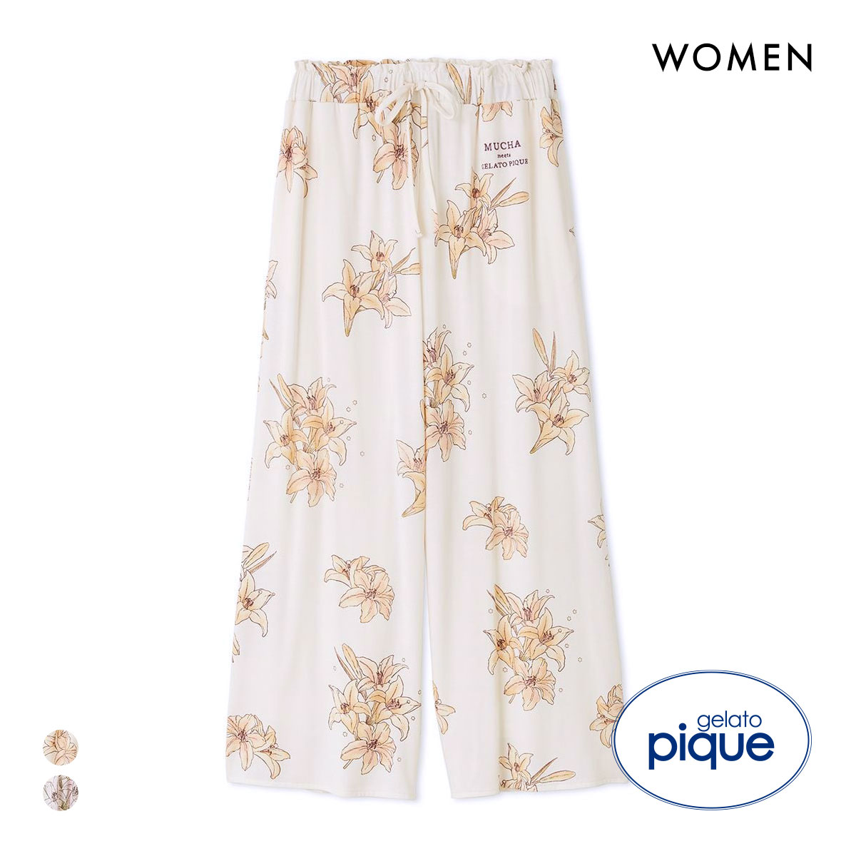 ジェラートピケ レディース MUCHA リリー柄ロングパンツ ミュシャ ジェラピケ パジャマ ルームウェア gelato pique(CO-コーラル-Free)