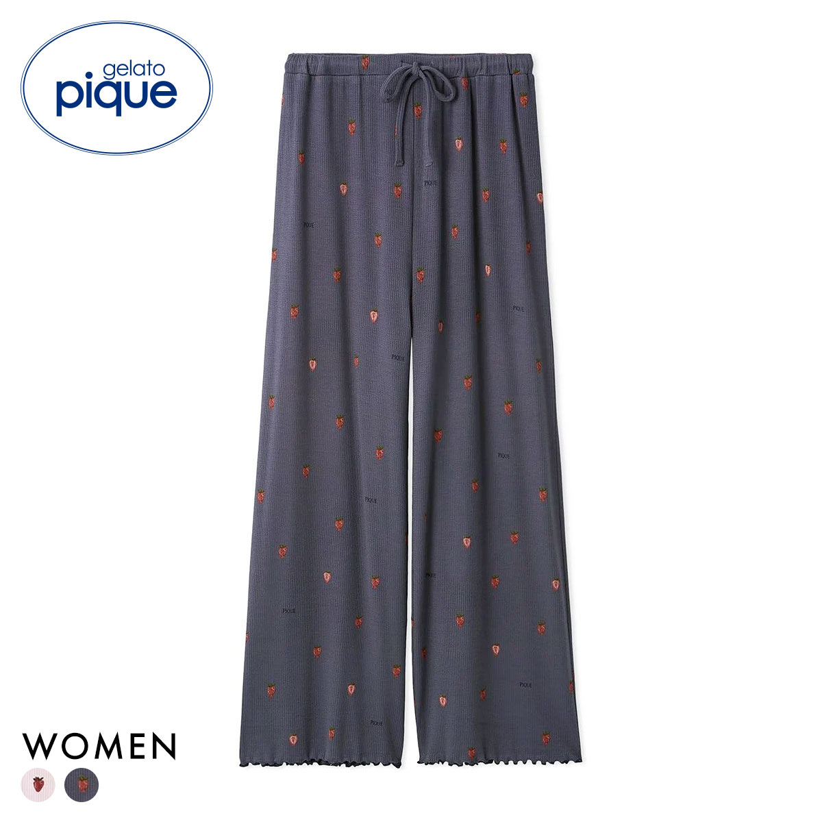 ジェラートピケ レディース ストロベリー柄ロングパンツ ジェラピケ パジャマ ルームウェア gelato pique(NV-ネイビー-Free)