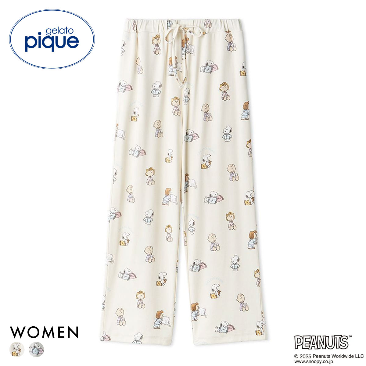 ジェラートピケ レディース PEANUTS オリジナルアート総柄ロングパンツ ジェラピケ パジャマ ルームウェア スヌーピー gelato pique(IV-アイボリー-Free)