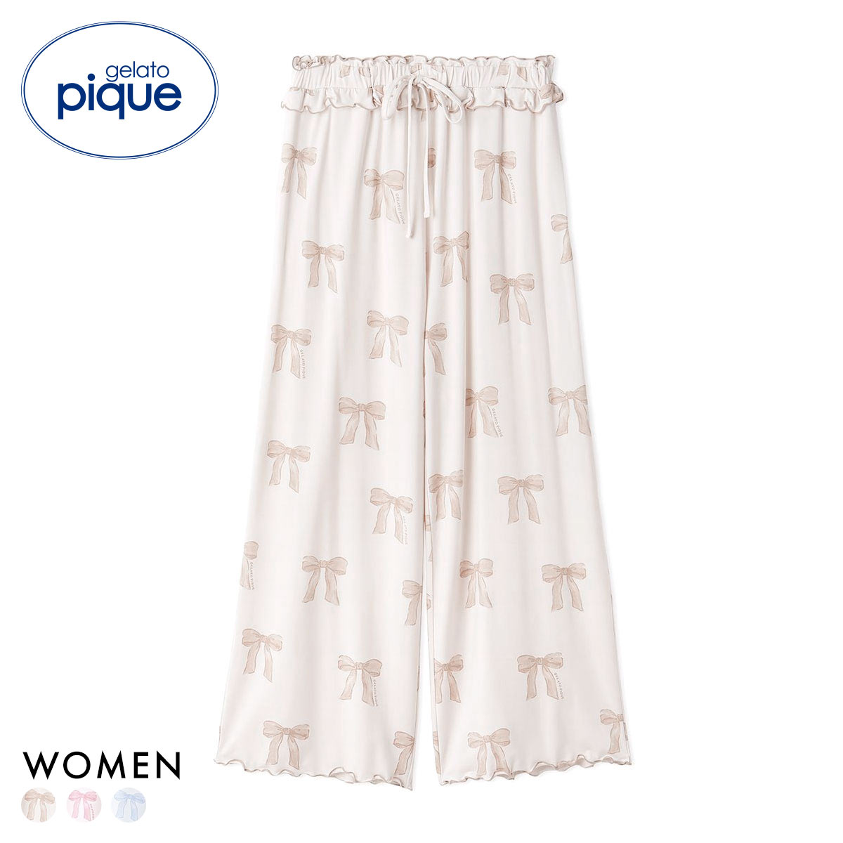 ジェラートピケ レディース リボン柄ロングパンツ ジェラピケ パジャマ ルームウェア gelato pique(BE-ベージュ-Free)