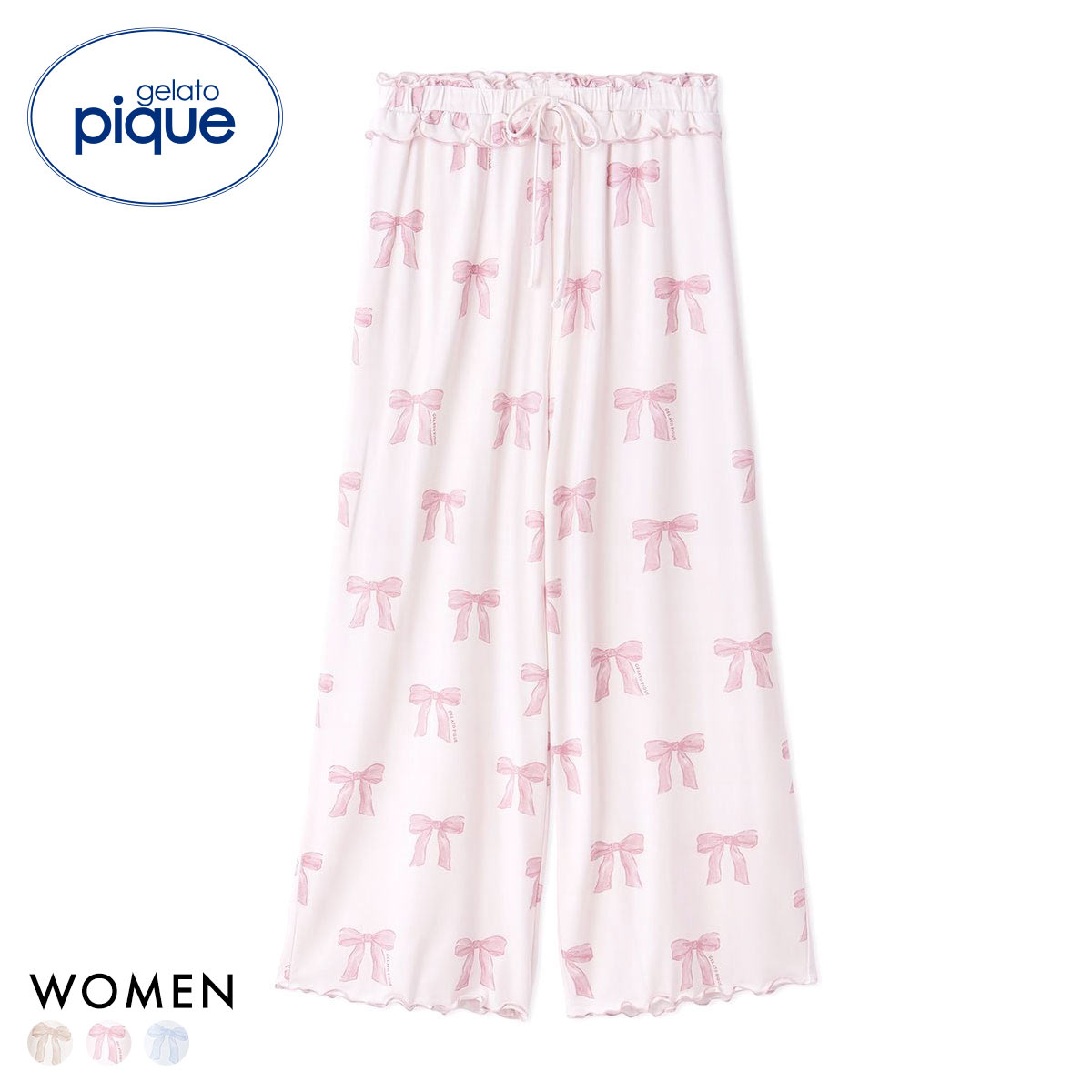 ジェラートピケ レディース リボン柄ロングパンツ ジェラピケ パジャマ ルームウェア gelato pique(PI-ピンク-Free)
