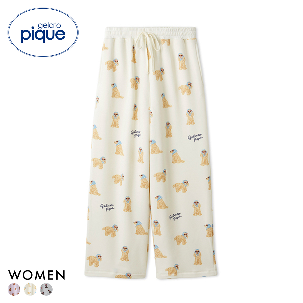 ジェラートピケ レディース スカーフDOG柄ロングパンツ ジェラピケ パジャマ ルームウェア gelato pique(OW-オフホワイト-Free)