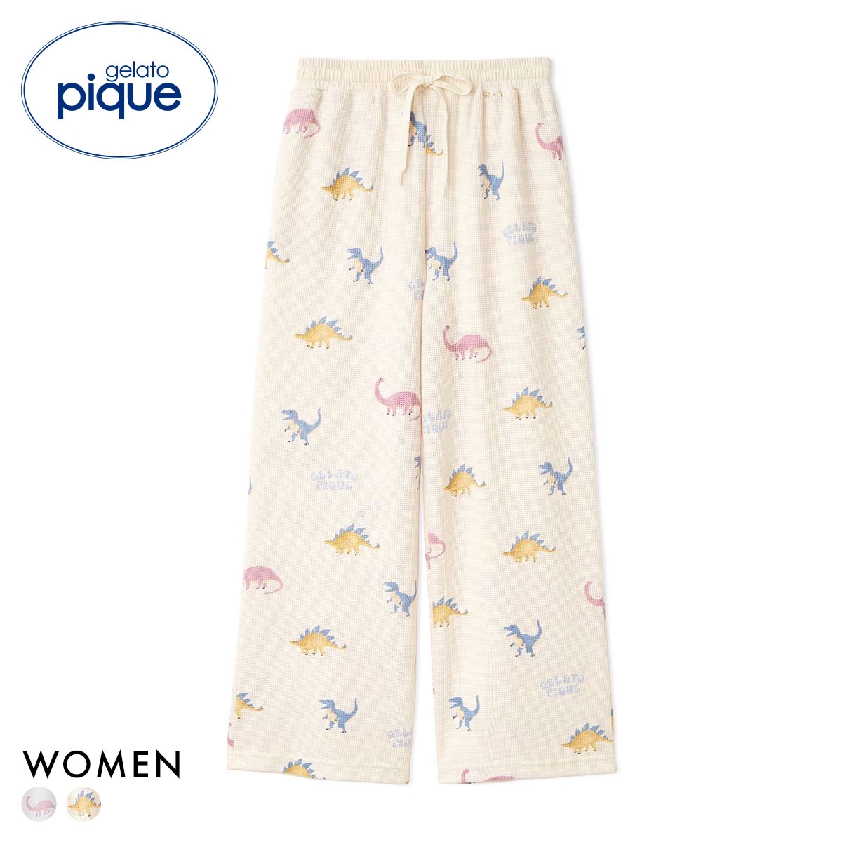 ジェラートピケ レディース ダイナソー柄ワッフルロングパンツ ジェラピケ パジャマ ルームウェア gelato pique(CR-クリーム-Free)