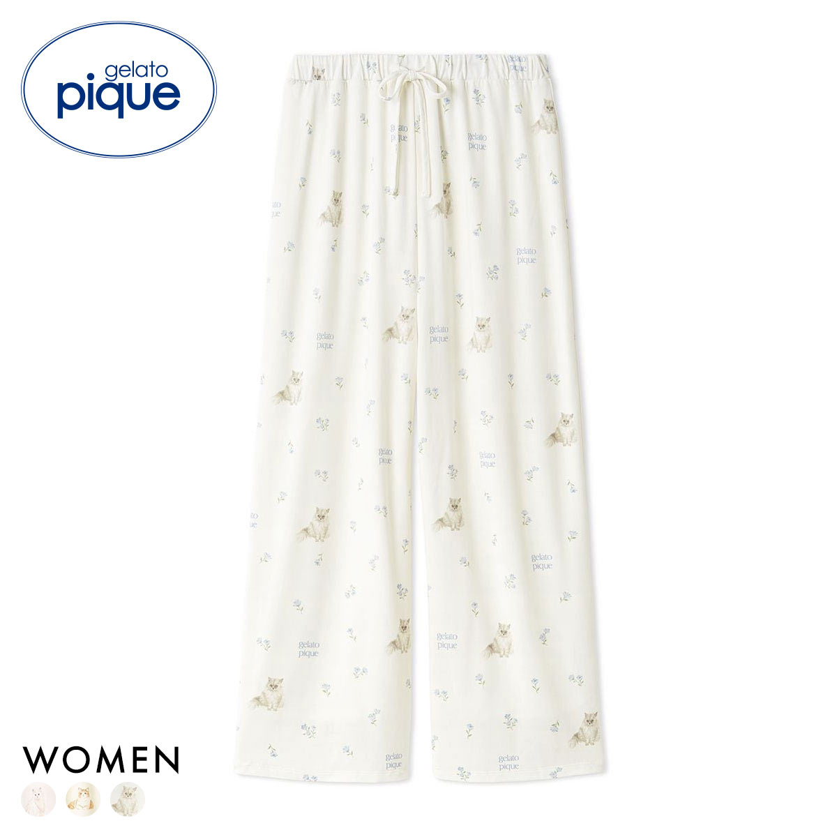 ジェラートピケ レディース フラワーキャット柄ロングパンツ ジェラピケ パジャマ ルームウェア gelato pique 猫の日(BU-ブルー-Free)