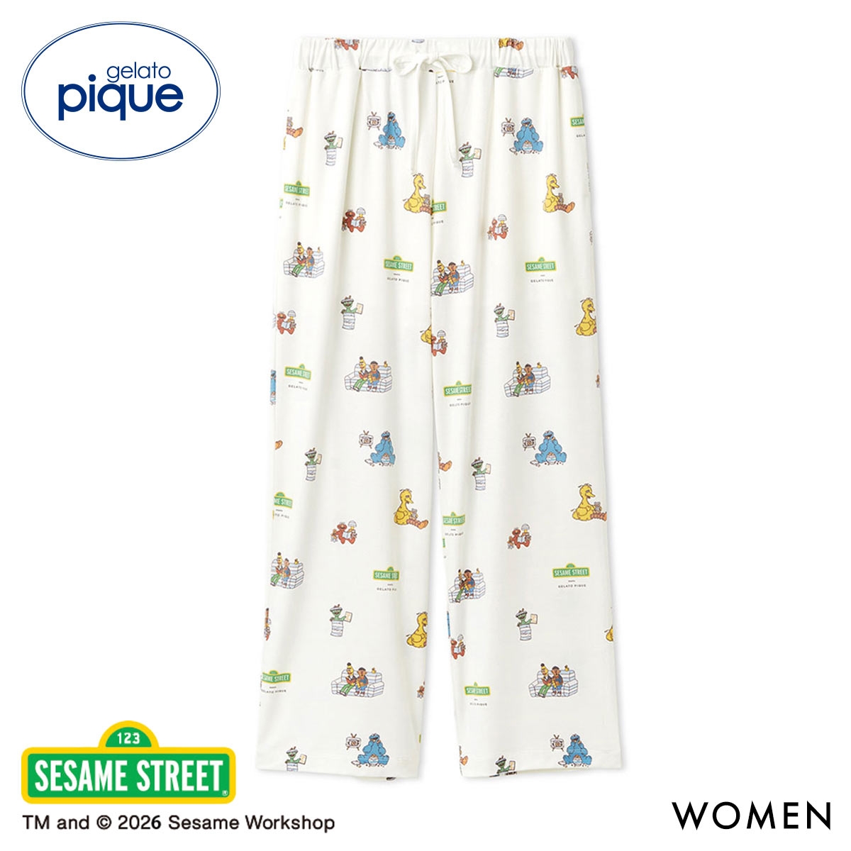 ジェラートピケ レディース SESAME STREET 総柄ロングパンツ ジェラピケ セサミストリート ルームウェア gelato pique(OW-オフホワイト-Free)