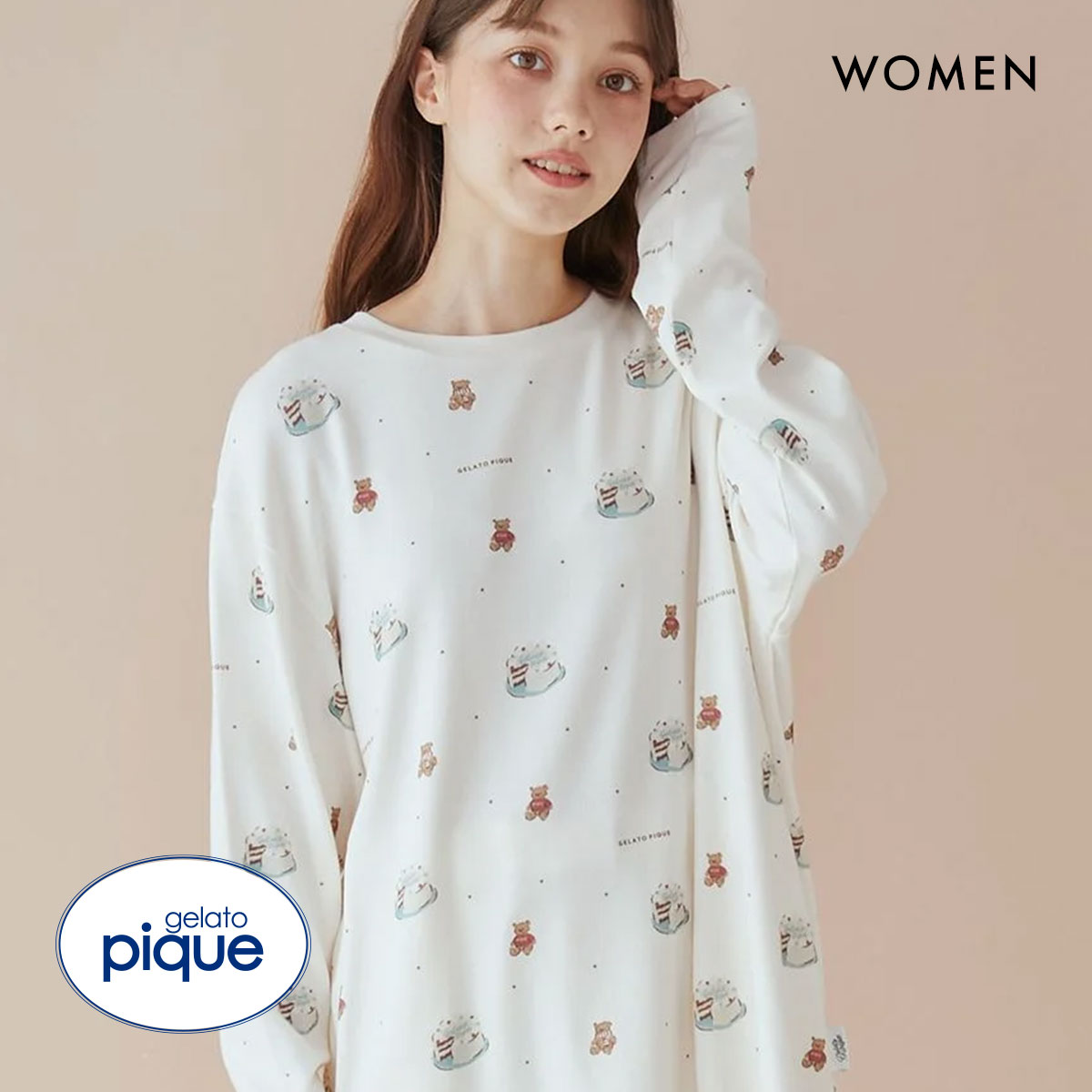 ジェラートピケ レディース HOLIDAY ベアケーキ柄 プルオーバー ジェラピケ パジャマ ルームウェア gelato pique(IV-アイボリー-Free)
