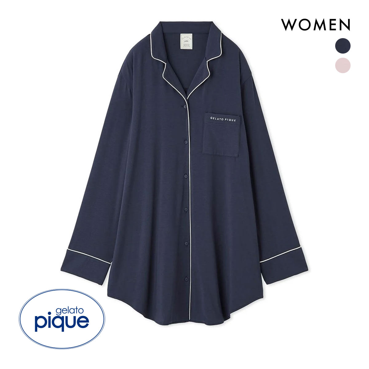 ジェラートピケ gelato pique レディース パイピングロングシャツ ジェラピケ パジャマ ルームウェア(NV-ネイビー-Free)