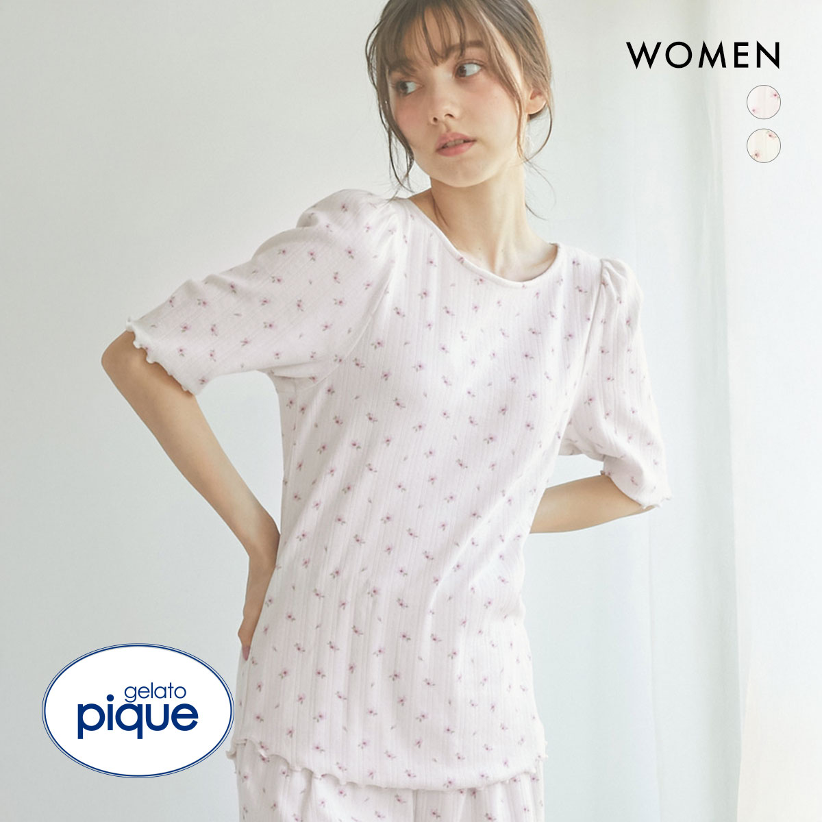 ジェラートピケ SPRING レディース さくら柄針抜きTシャツ ジェラピケ パジャマ ルームウェア gelato pique(PI-ピンク-Free)