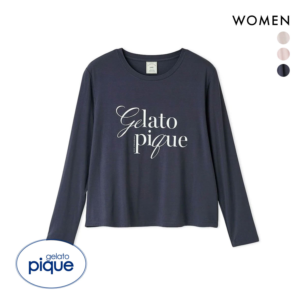 ジェラートピケ レディース レーヨンロゴロングTシャツ ジェラピケ パジャマ ルームウェア gelato pique(NV-ネイビー-Free)
