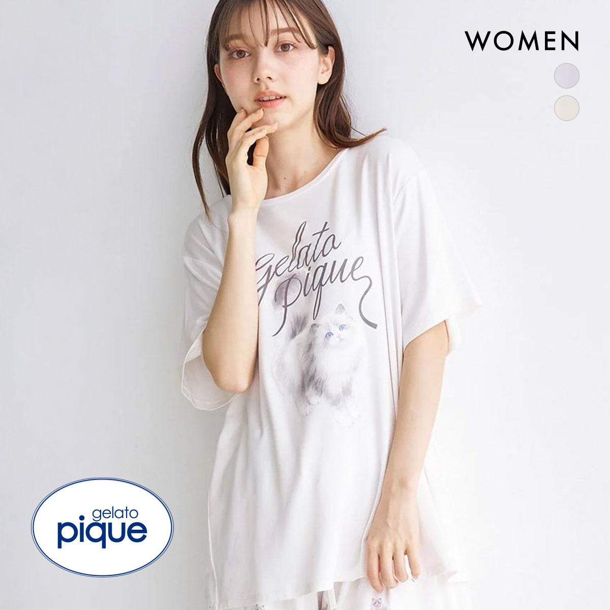 ジェラートピケ レディース CATワンポイントTシャツ ジェラピケ パジャマ ルームウェア gelato pique(IV-アイボリー-Free)