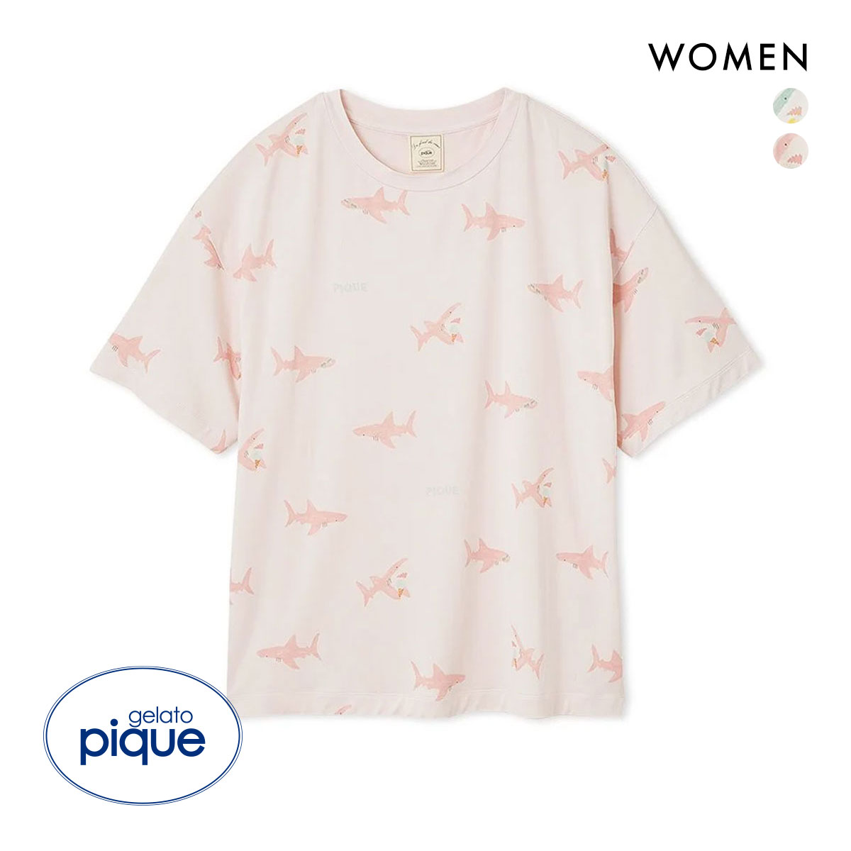 ジェラートピケ レディース 接触冷感 SHARK柄Tシャツ ジェラピケ パジャマ ルームウェア gelato pique(PI-ピンク-Free)