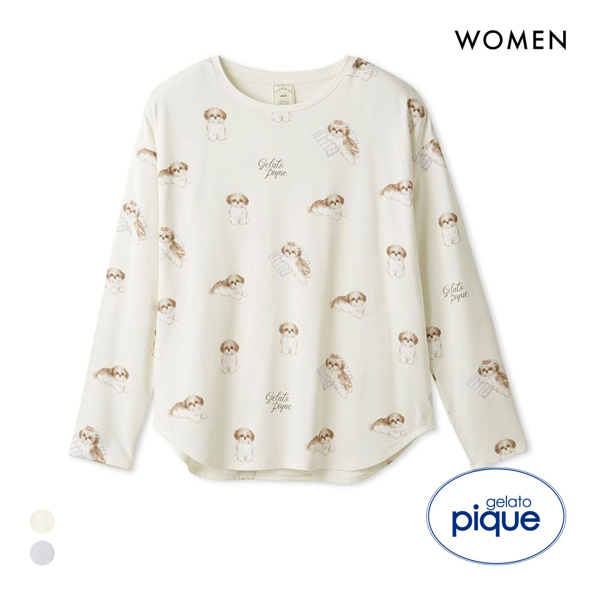 ジェラートピケ レディース シーズー柄ロングTシャツ ジェラピケ パジャマ ルームウェア gelato pique(OW-オフホワイト-Free)