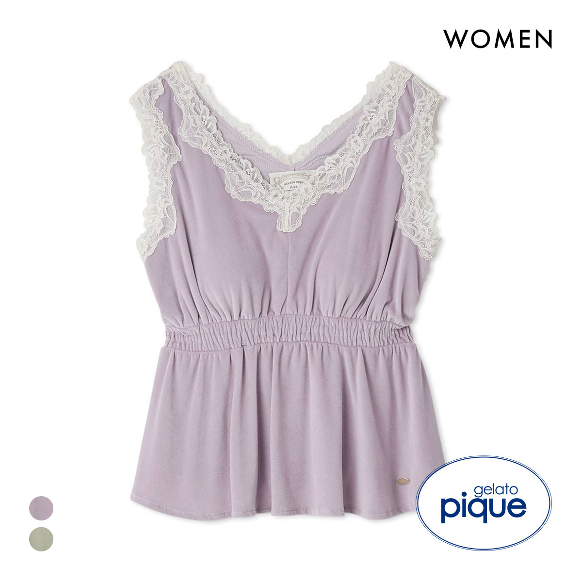 ジェラートピケ レディース MUCHA ベロア×レースカップインタンクトップ カップイン ジェラピケ ミュシャ パジャマ ルームウェア gelato pique(PU-パープル-Free)