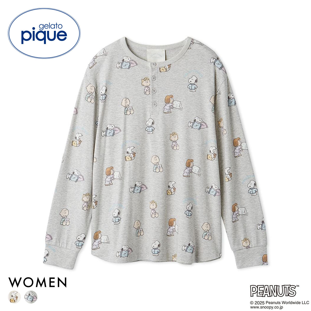ジェラートピケ レディース PEANUTS オリジナルアート総柄ロングTシャツ ジェラピケ パジャマ ルームウェア スヌーピー gelato pique(GY-グレー-Free)