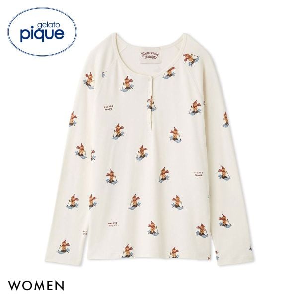 ジェラートピケ レディース HOLIDAY スキーベア柄ロングTシャツ ジェラピケ パジャマ ルームウェア