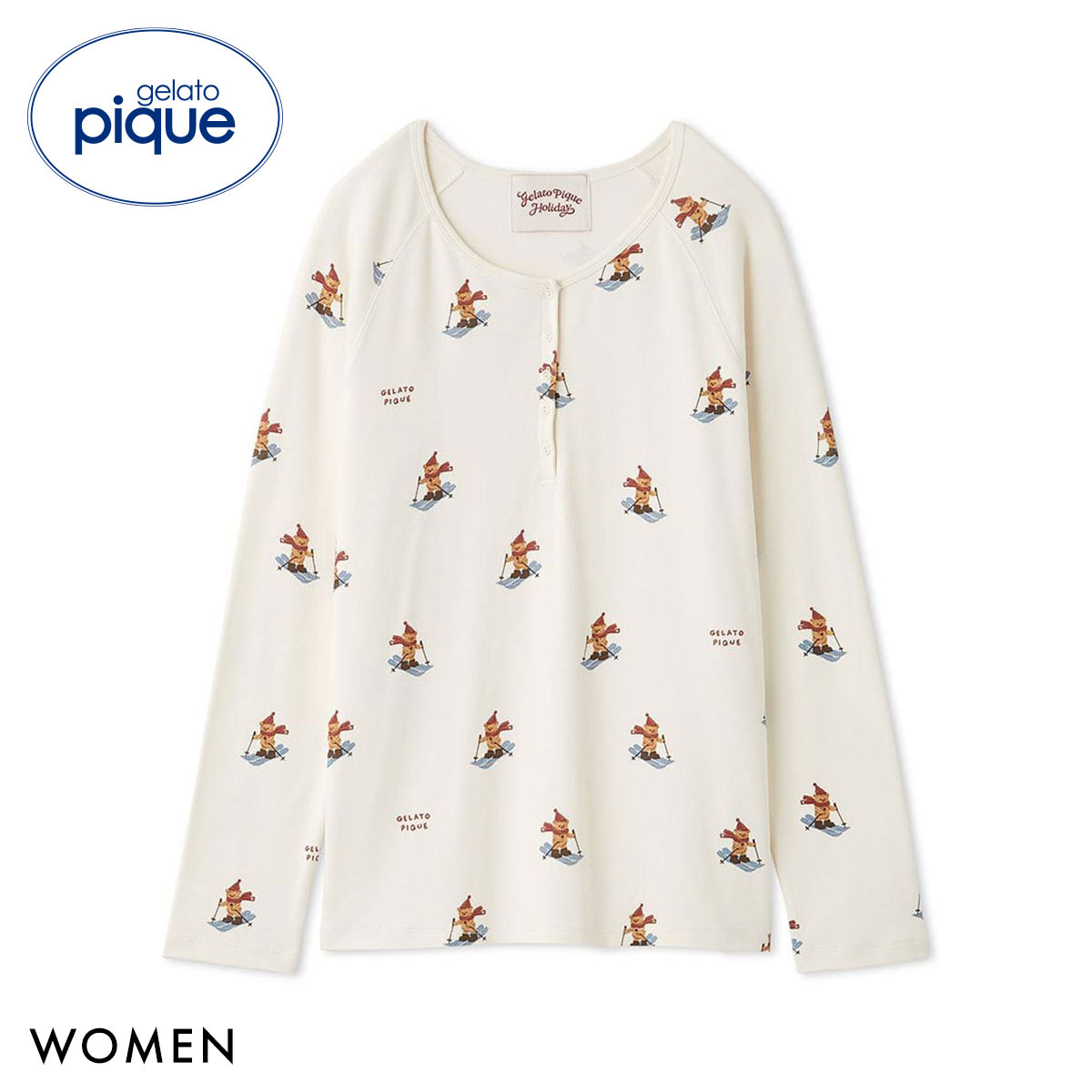 ジェラートピケ レディース HOLIDAY スキーベア柄ロングTシャツ ジェラピケ パジャマ ルームウェア(IV-アイボリー-Free)