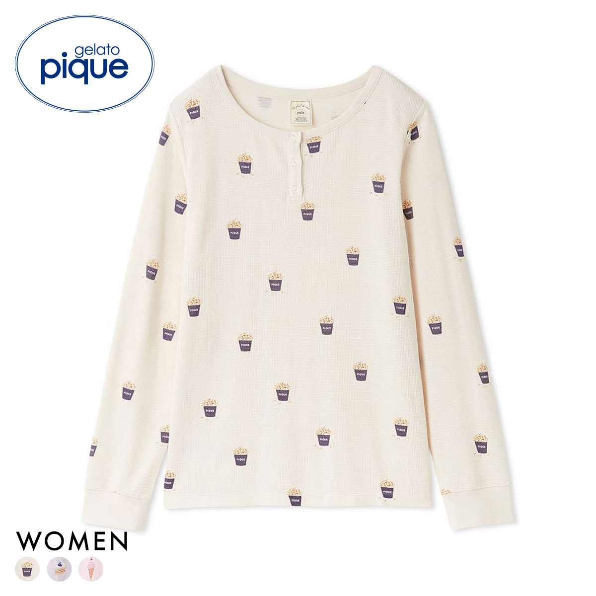 ジェラートピケ レディース モチーフ3柄ワッフルロンT ジェラピケ パジャマ ルームウェア gelato pique(CR-クリーム-Free)