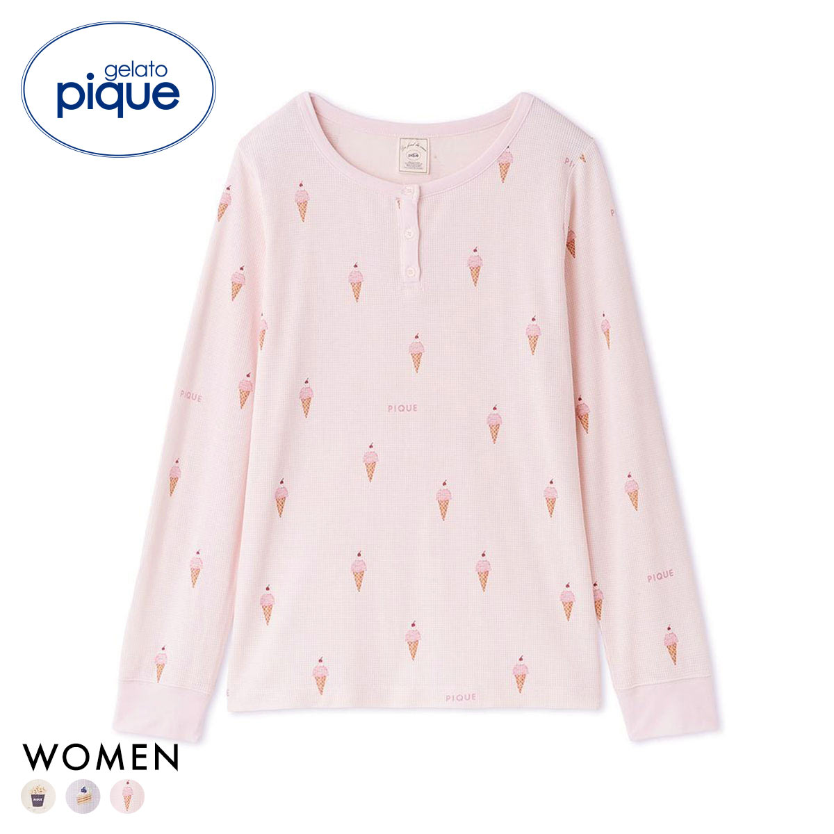 ジェラートピケ レディース モチーフ3柄ワッフルロンT ジェラピケ パジャマ ルームウェア gelato pique(PI-ピンク-Free)