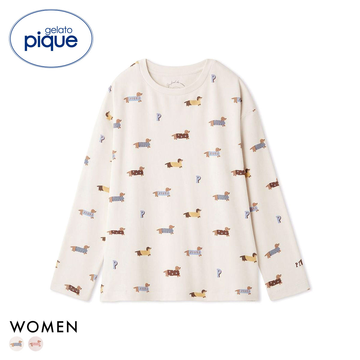 ジェラートピケ レディース ダックスフンド柄ロンT ジェラピケ パジャマ ルームウェア gelato pique(CR-クリーム-Free)