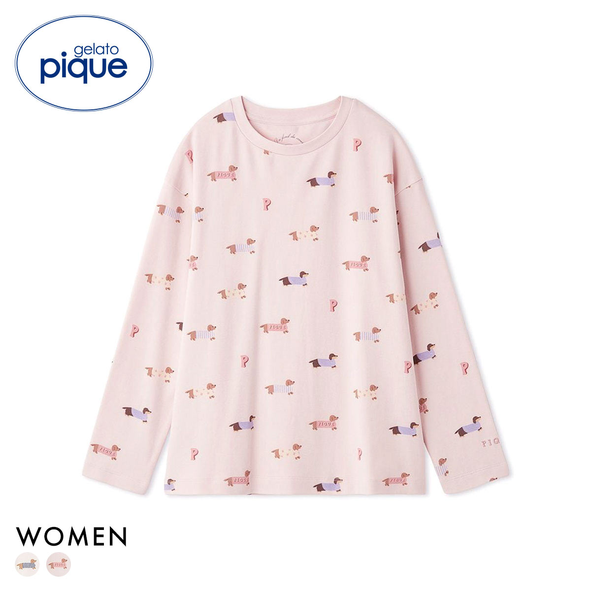 ジェラートピケ レディース ダックスフンド柄ロンT ジェラピケ パジャマ ルームウェア gelato pique(PI-ピンク-Free)