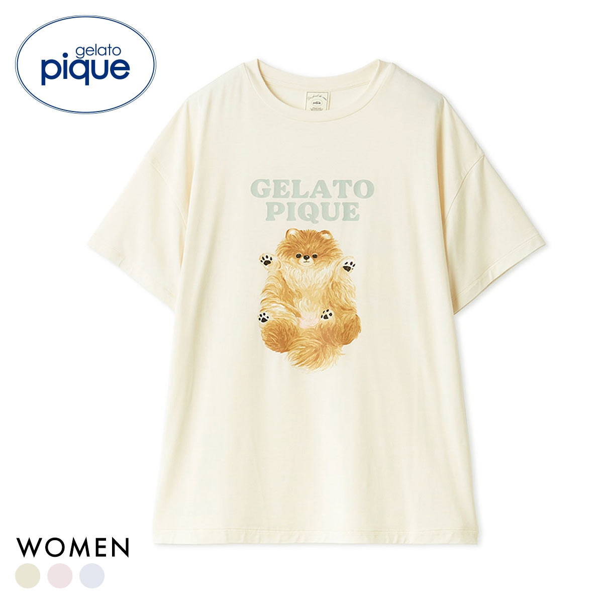 ジェラートピケ レディース ドッグワンポイントTシャツ ジェラピケ パジャマ ルームウェア gelato pique(CR-クリーム-Free)