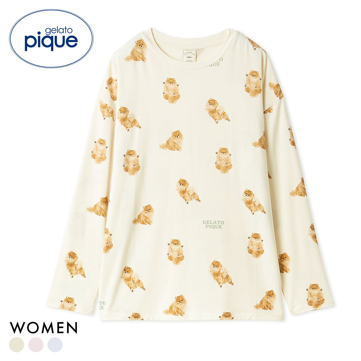 ジェラートピケ レディース ドッグ柄ロンT ジェラピケ パジャマ ルームウェア gelato pique(CR-クリーム-Free)