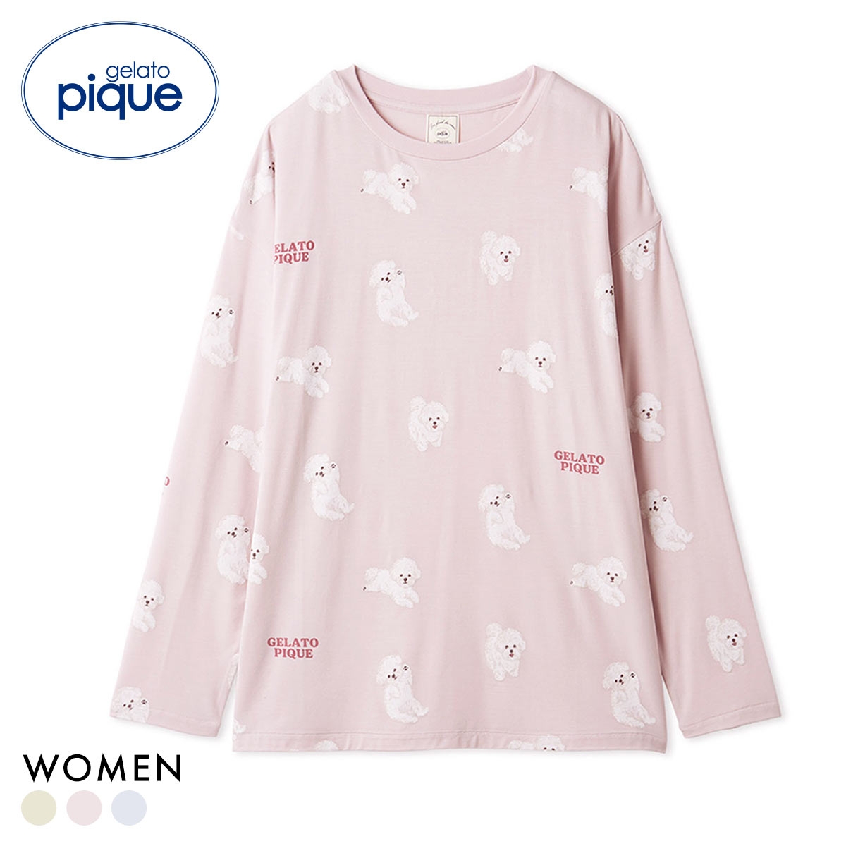 ジェラートピケ レディース ドッグ柄ロンT ジェラピケ パジャマ ルームウェア gelato pique(LPI-薄ピンク-Free)