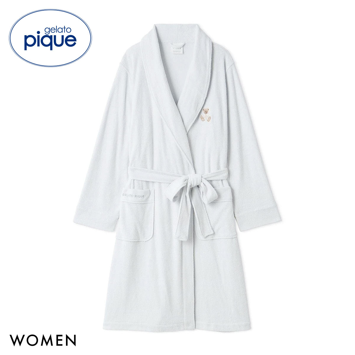 ジェラートピケ レディース 吸水パイルベア刺繍ガウン ジェラピケ パジャマ ルームウェア gelato pique(BU-ブルー-Free)