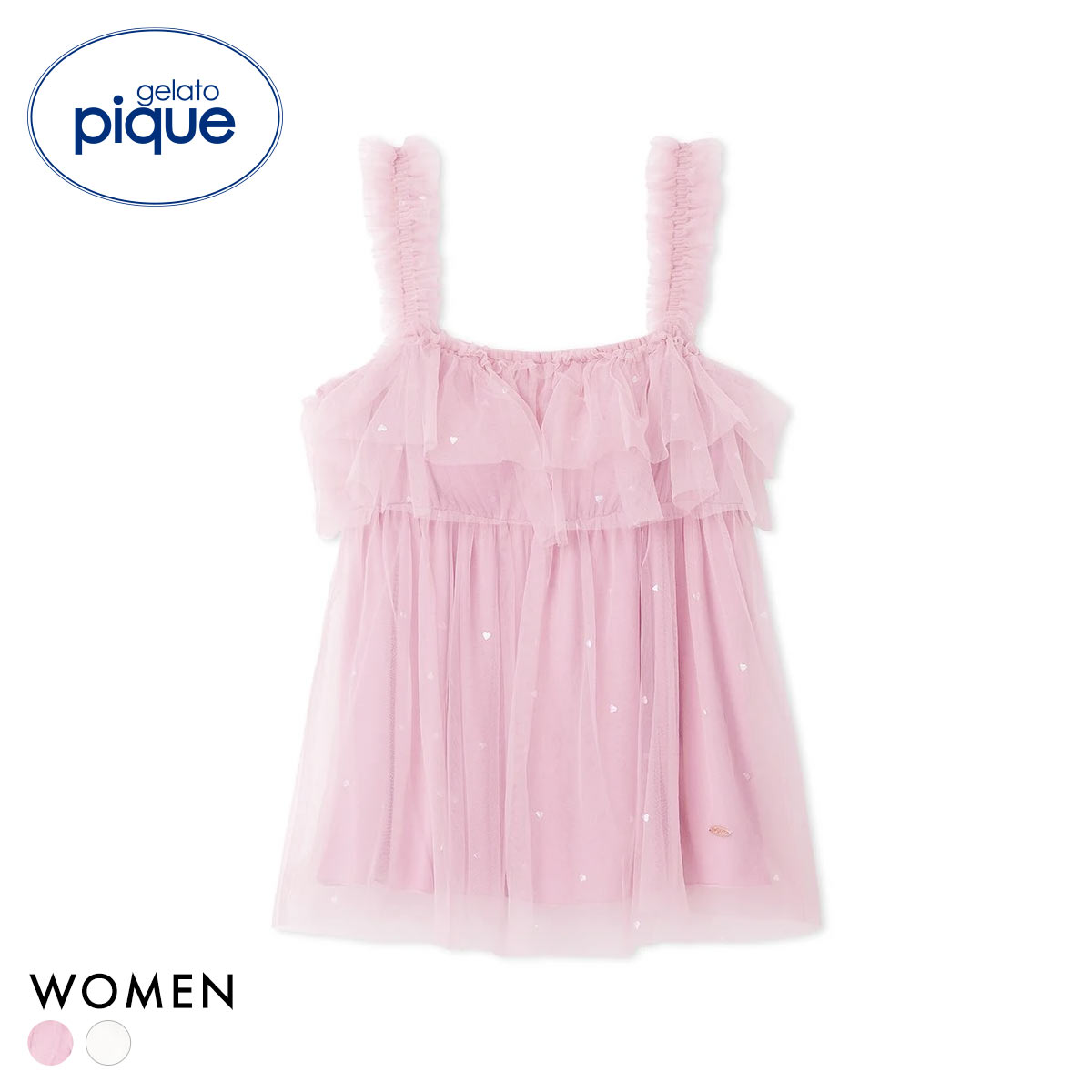 ジェラートピケ レディース ハート柄チュールカップインキャミソール カップイン カップ付き パッド付き ジェラピケ パジャマ ルームウェア gelato pique(PI-ピンク-Free)