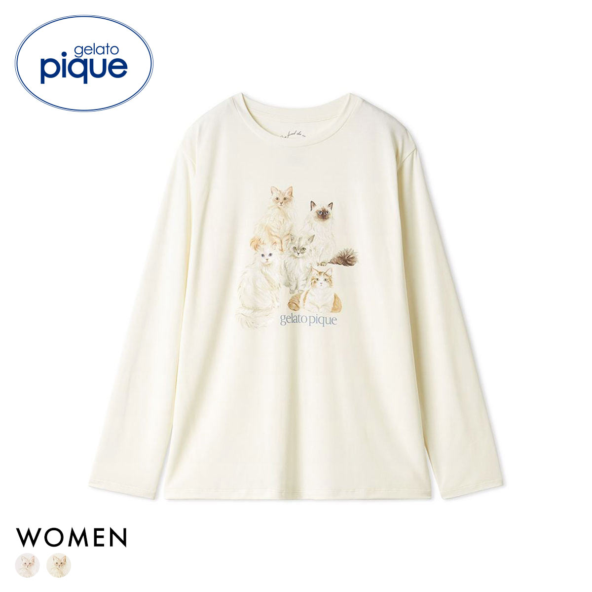 ジェラートピケ レディース キャットワンポイントロンT ジェラピケ パジャマ ルームウェア gelato pique 猫の日(OW-オフホワイト-Free)
