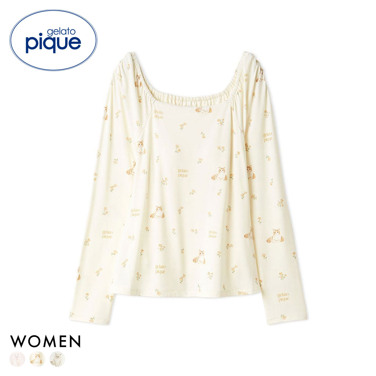 ジェラートピケ レディース フラワーキャット柄カップインプルオーバー カップ付き ジェラピケ ルームウェア gelato pique 猫の日(YE-イエロー-Free)