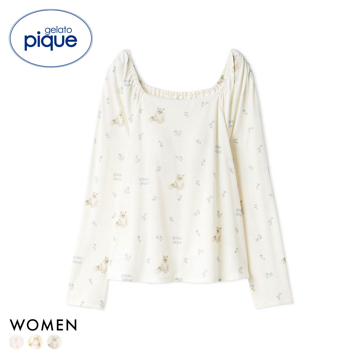 ジェラートピケ レディース フラワーキャット柄カップインプルオーバー カップ付き ジェラピケ ルームウェア gelato pique 猫の日(BU-ブルー-Free)