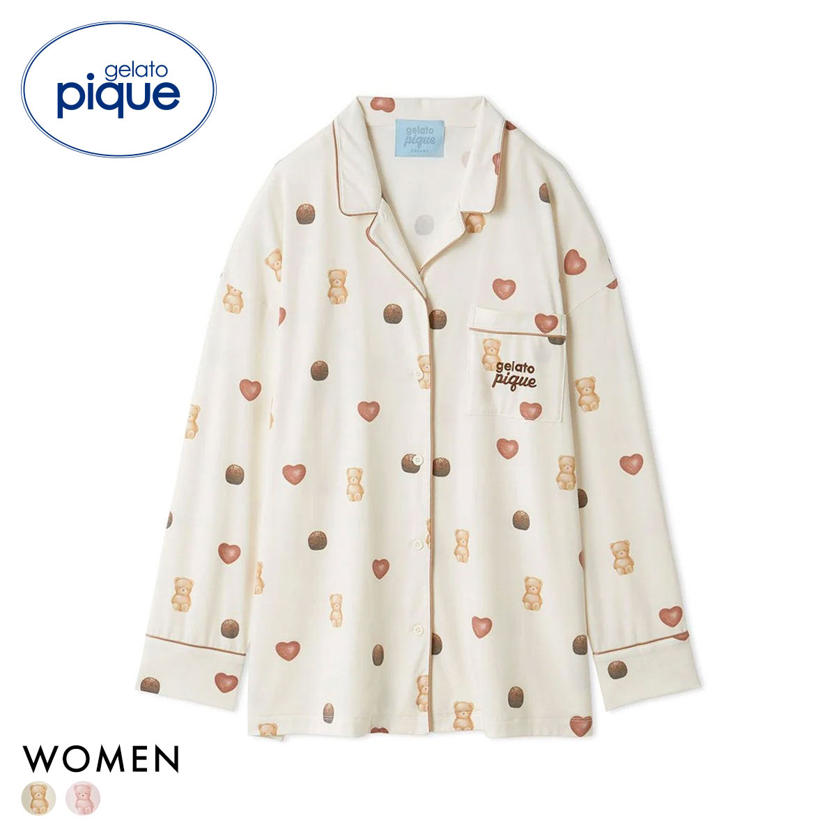ジェラートピケ レディース Valentine 総柄シャツ ジェラピケ パジャマ ルームウェア gelato pique バレンタイン(CR-クリーム-Free)