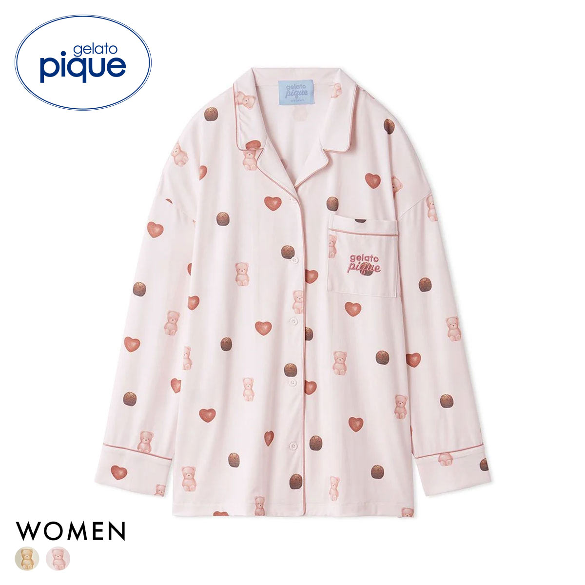 ジェラートピケ レディース Valentine 総柄シャツ ジェラピケ パジャマ ルームウェア gelato pique バレンタイン(PI-ピンク-Free)