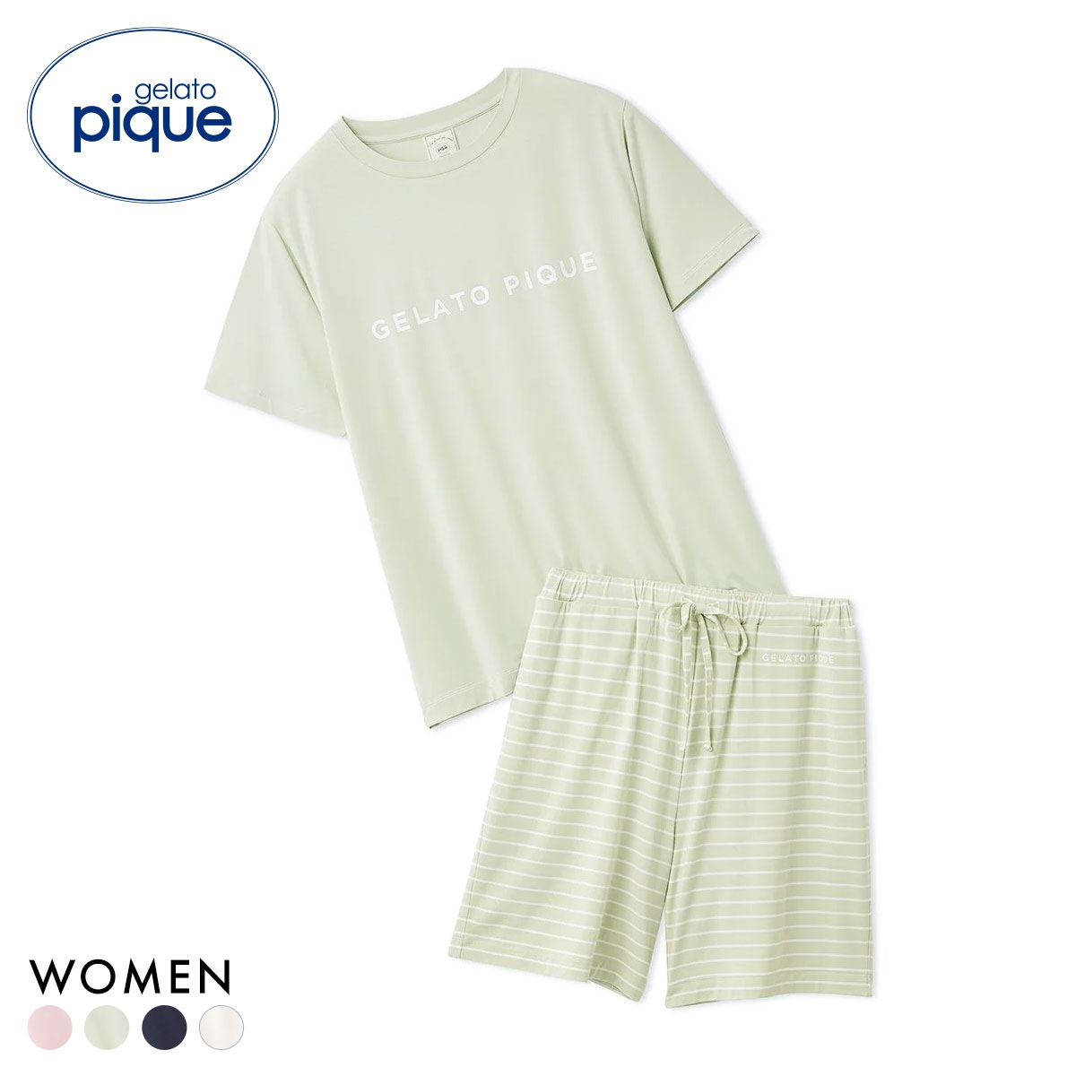 ジェラートピケ レディース レーヨンロゴTシャツ＆ボーダーショートパンツセット 上下セット ジェラピケ ルームウェア gelato pique(LM-ライム-Free)