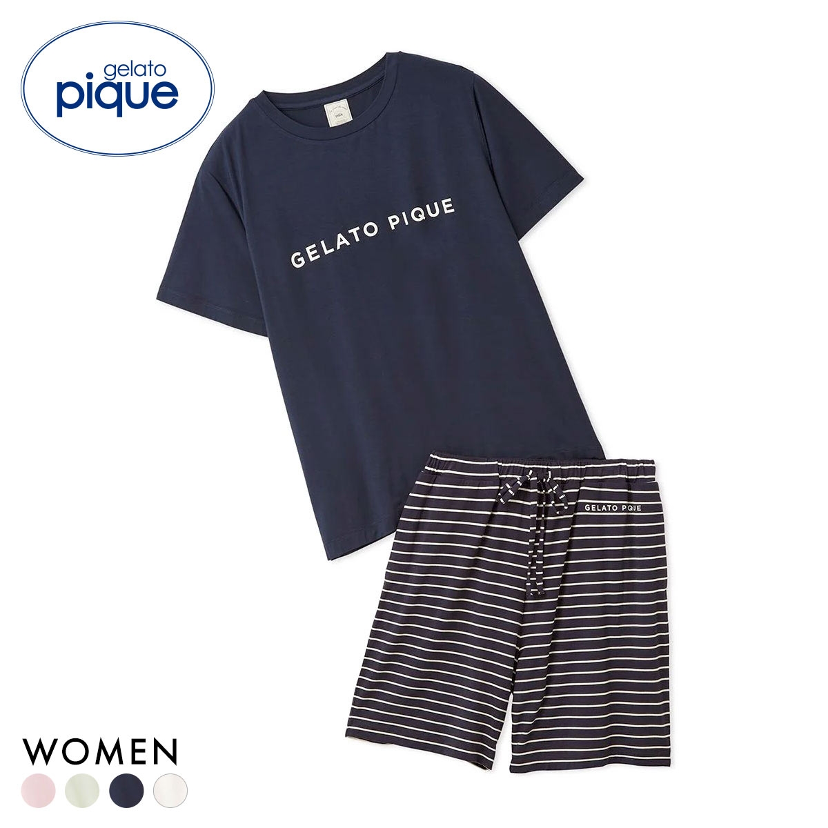 ジェラートピケ レディース レーヨンロゴTシャツ＆ボーダーショートパンツセット 上下セット ジェラピケ ルームウェア gelato pique(NV-ネイビー-Free)