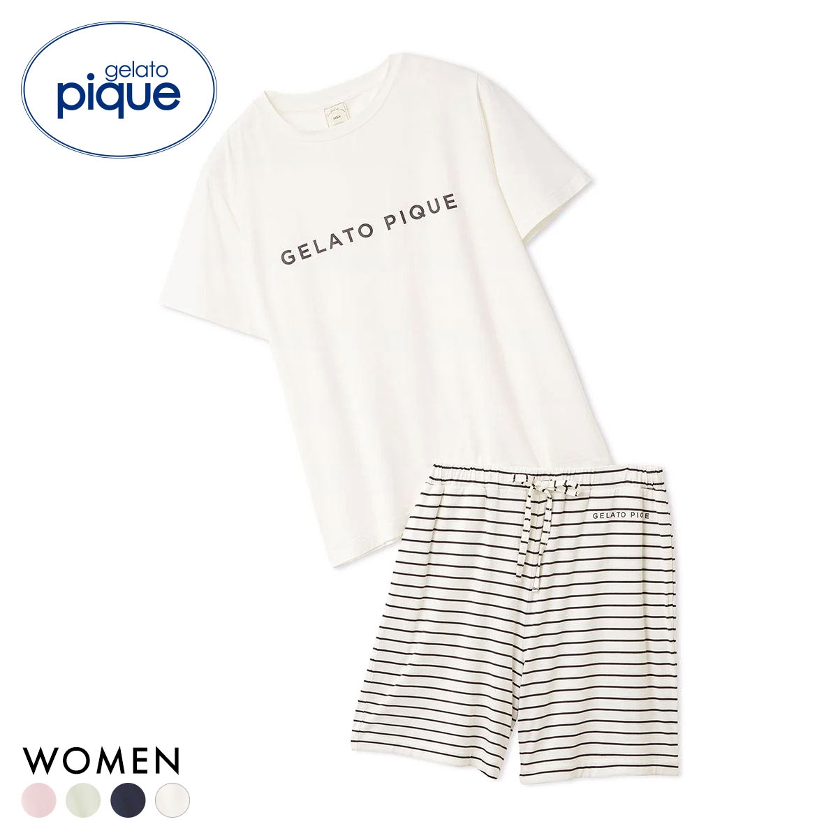 ジェラートピケ レディース レーヨンロゴTシャツ＆ボーダーショートパンツセット 上下セット ジェラピケ ルームウェア gelato pique(OW-オフホワイト-Free)