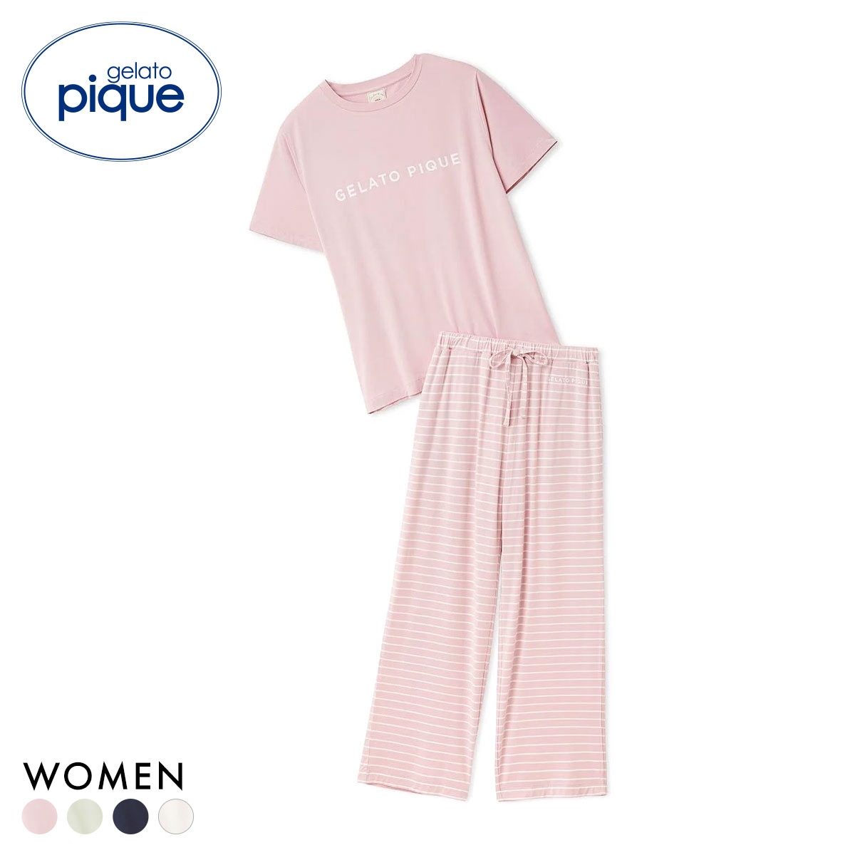 ジェラートピケ レディース レーヨンロゴTシャツ＆ボーダーロングパンツセット 上下セット ジェラピケ ルームウェア gelato pique(PI-ピンク-Free)